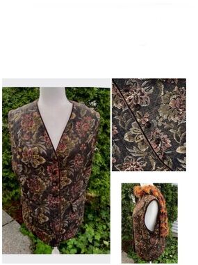 🇨🇦 Vintage quilted vest:Floral on Brown w/green, yellow, orange /Velvet Trim